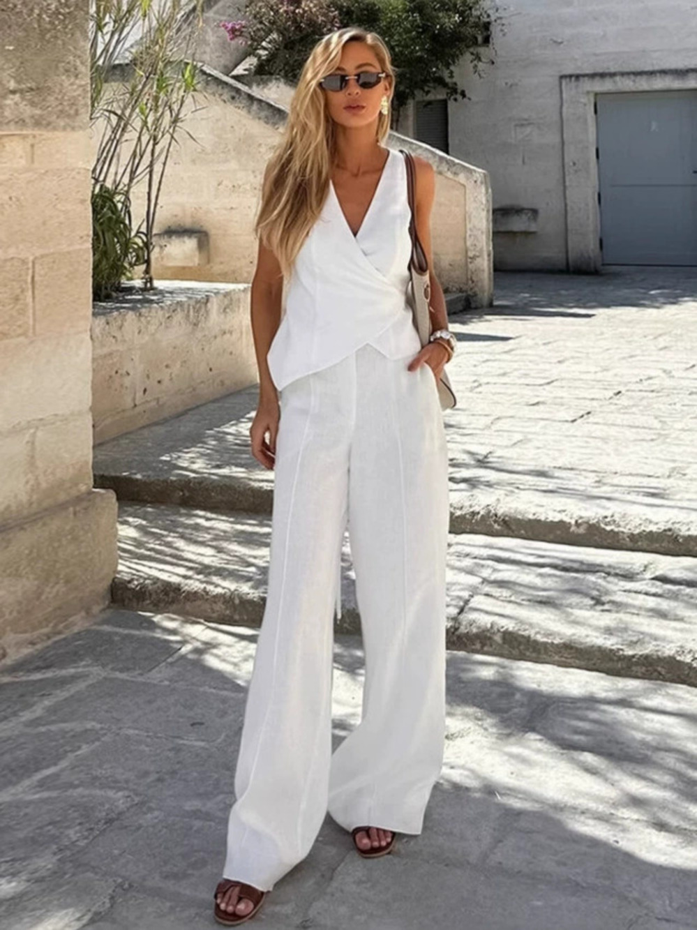 Forever 21 White Linen Cotton Vest Wide Leg Pants 2 Piece Office Fall